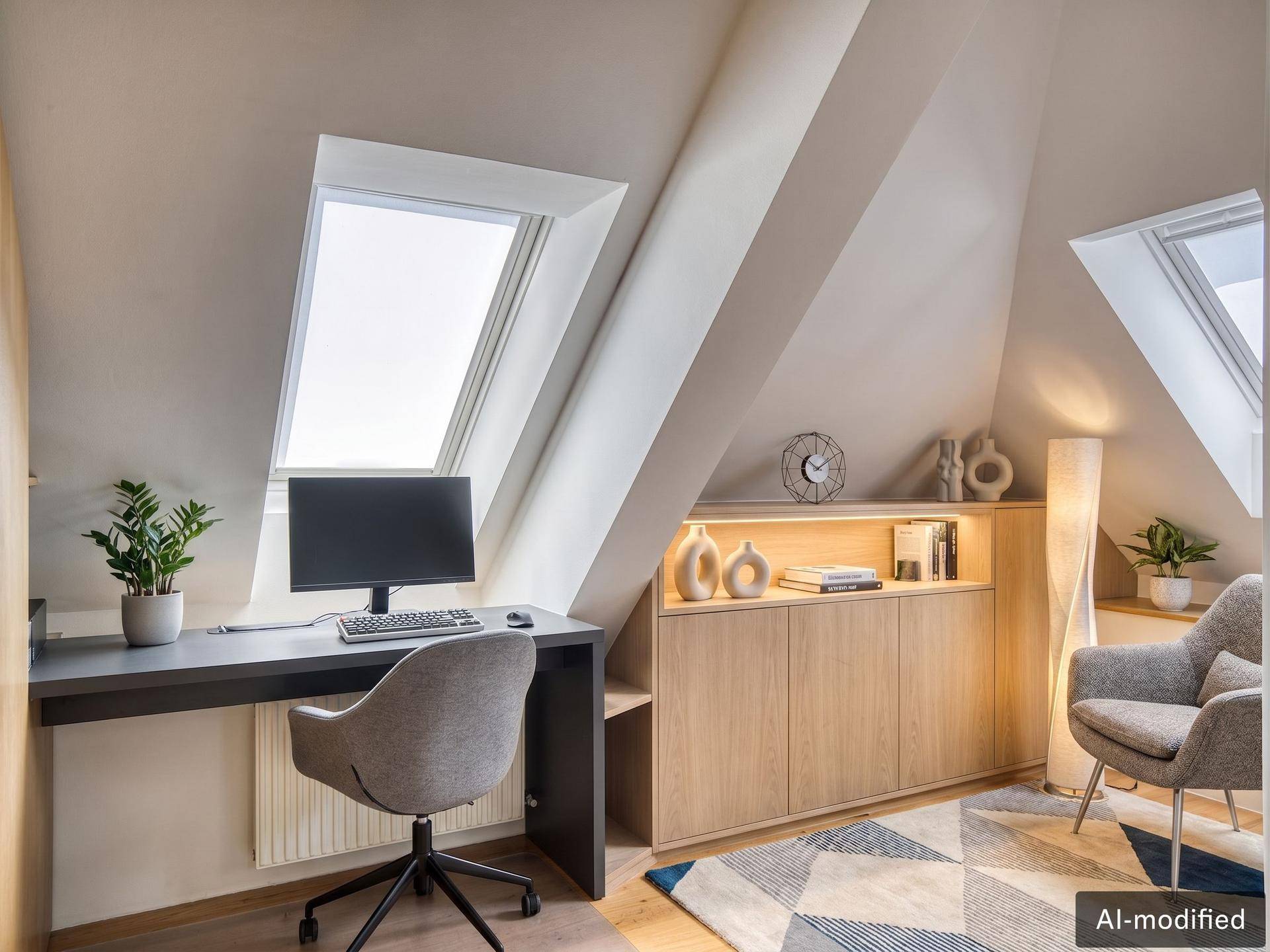 Modernes Arbeitszimmer im Dachgeschoss mit Schreibtisch, stilvollem Schrank und viel Tageslicht.