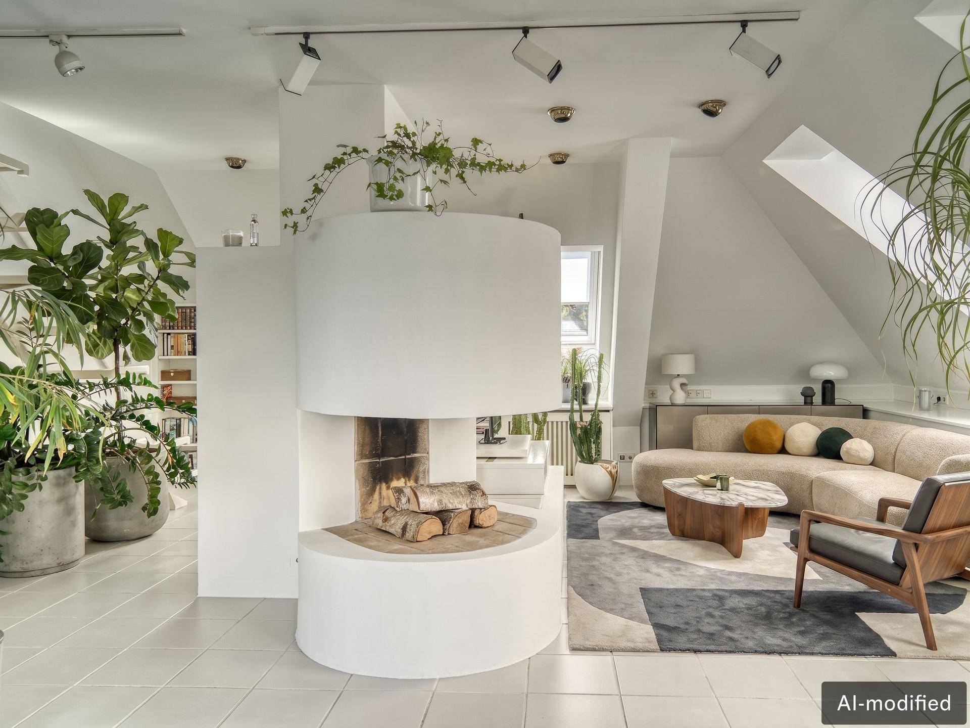Modernes Wohnzimmer mit stilvollem Kamin, geschwungenem Sofa und vielen Grünpflanzen.