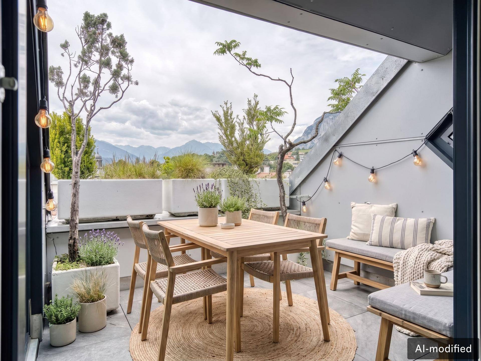 Gemütliche Terrasse mit Esstisch, Sitzbank und Lichterkette, ideal für entspannte Abende.