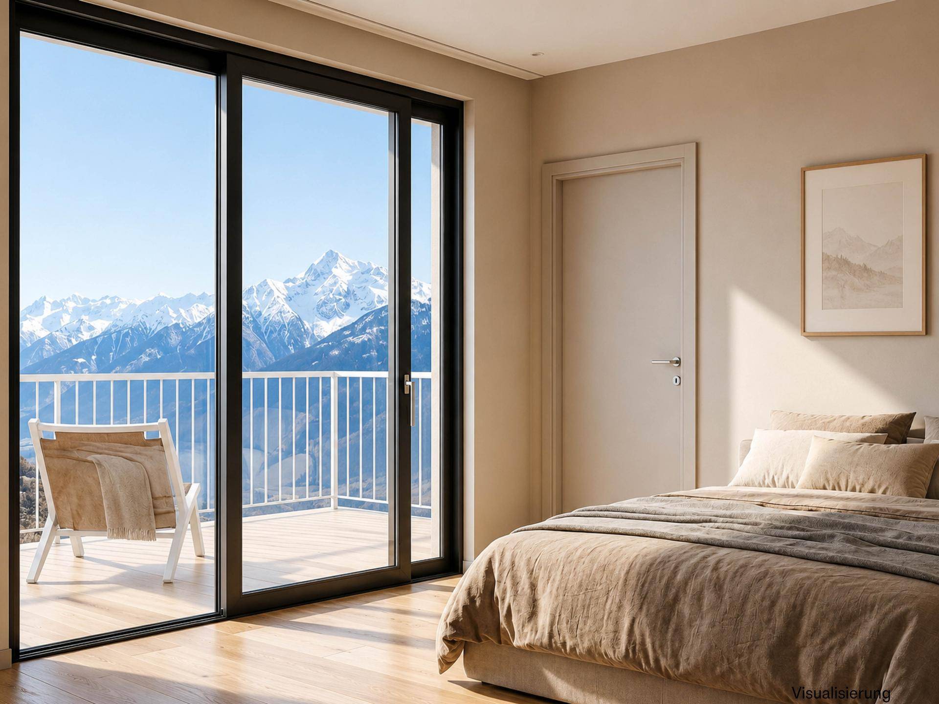 Schlafzimmer mit direktem Zugang zum Balkon und einem atemberaubenden Panoramablick auf die Berge.