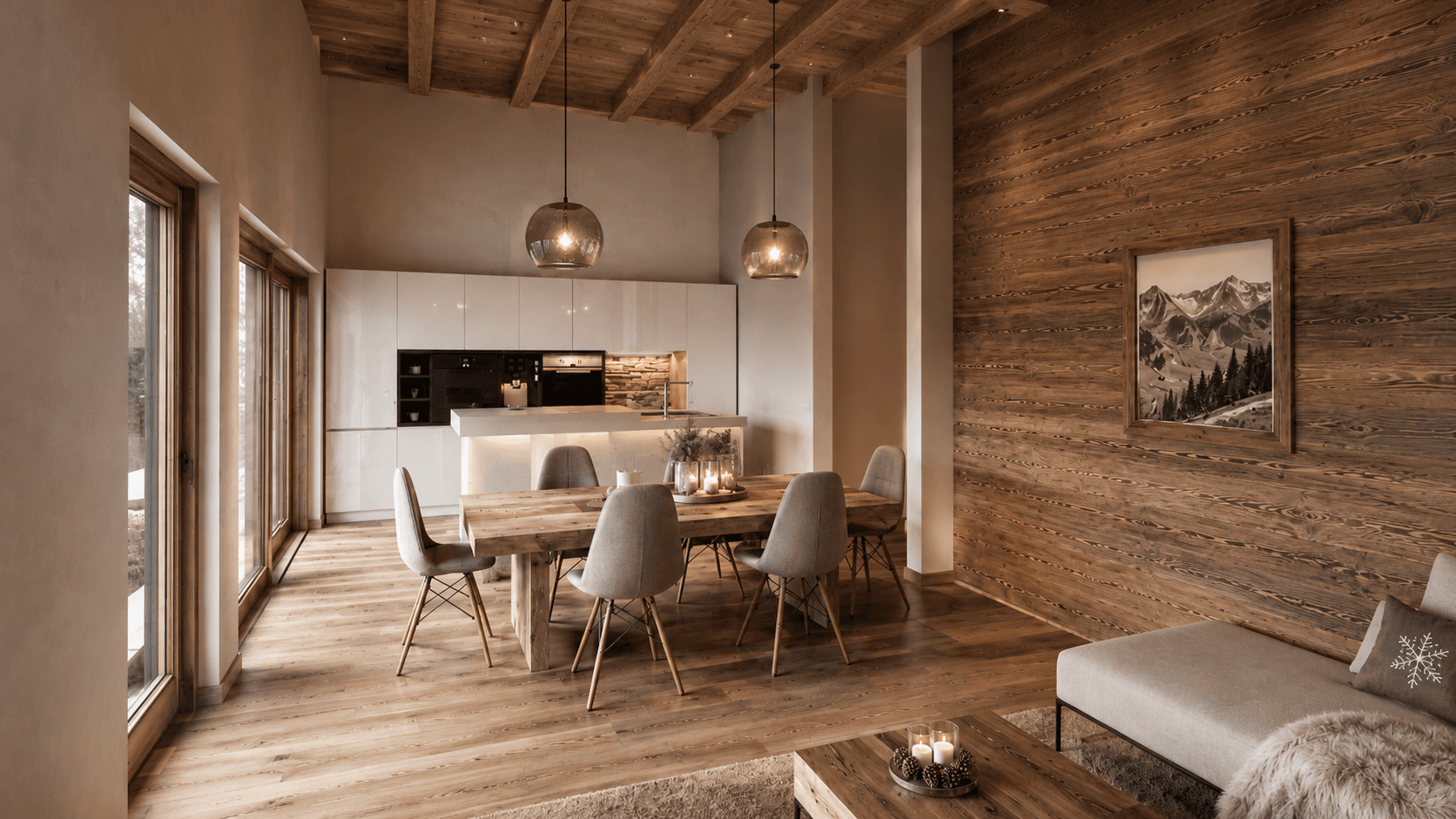 Gemütlicher Wohn-Essbereich im alpinen Stil mit Holzwänden, Holzbalkendecke und moderner Küche.