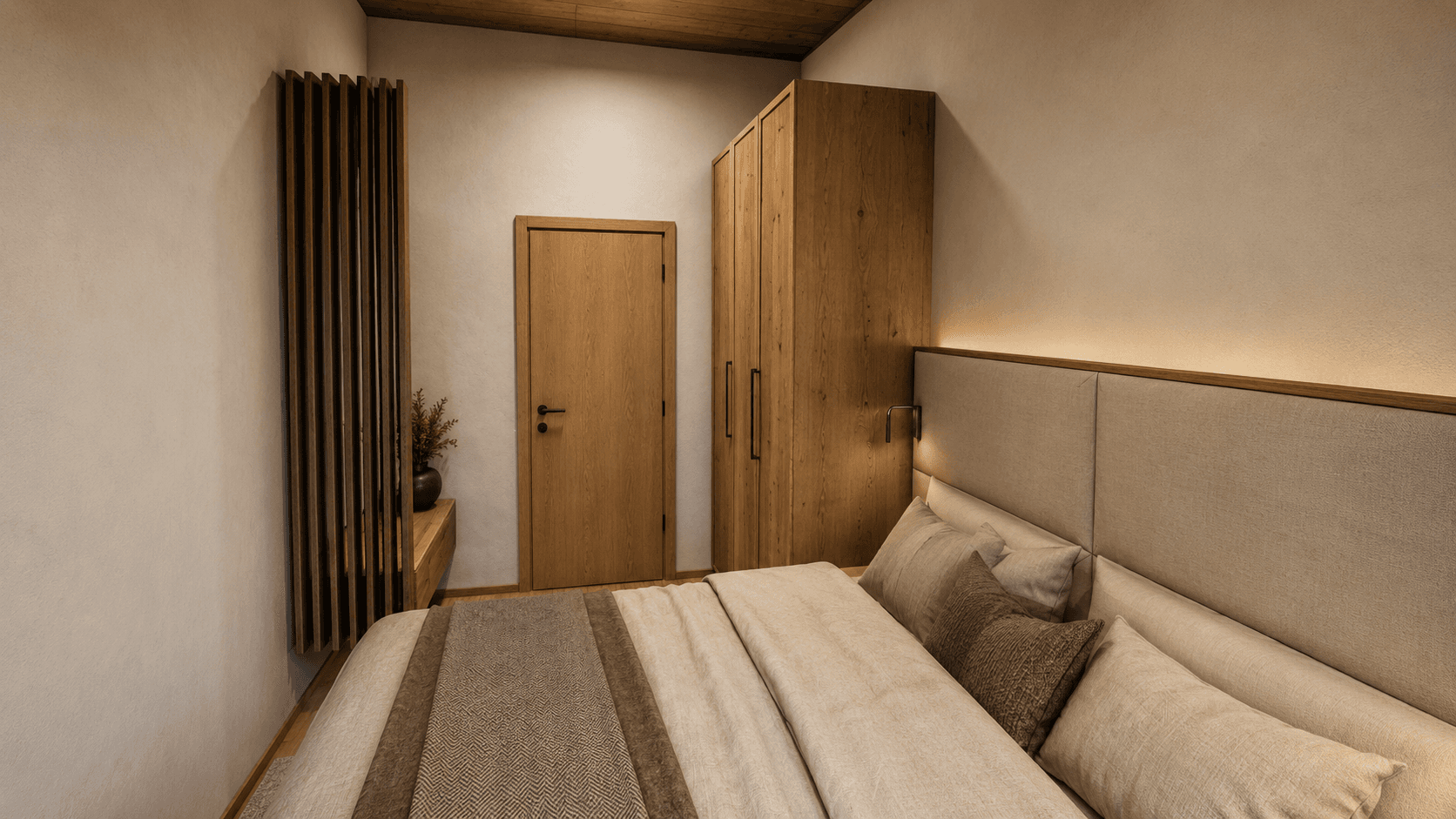 Schlafzimmer mit Doppelbett, Holzkleiderschrank und indirekter Beleuchtung für gemütliche Atmosphäre.