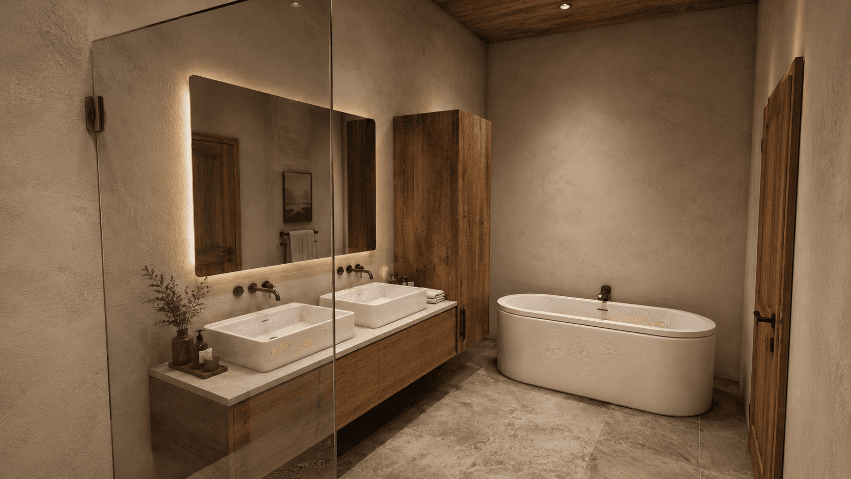 Modernes Badezimmer mit freistehender Badewanne, Doppelwaschbecken und großer Spiegelfläche.
