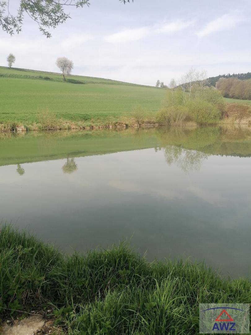 Spiegelnder Teich reflektiert den Himmel und die weiten grünen Hügel, umgeben von Grasland.