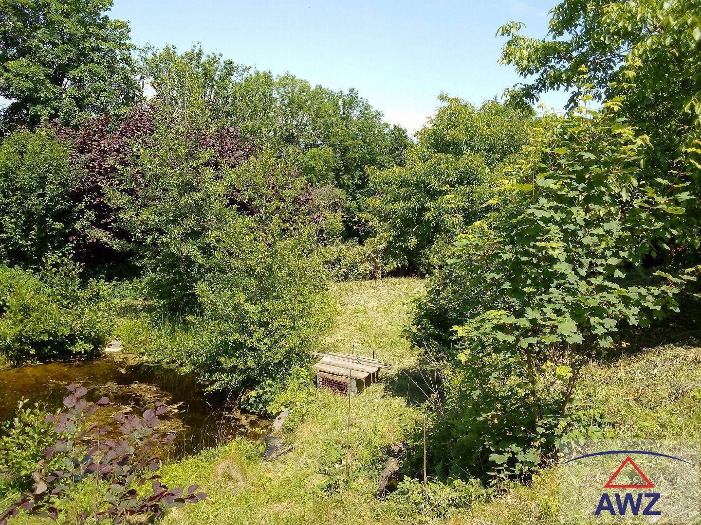 Idyllischer Gartenbereich mit einem kleinen Teich und einer Holzkonstruktion, umgeben von dichtem Baumbestand.