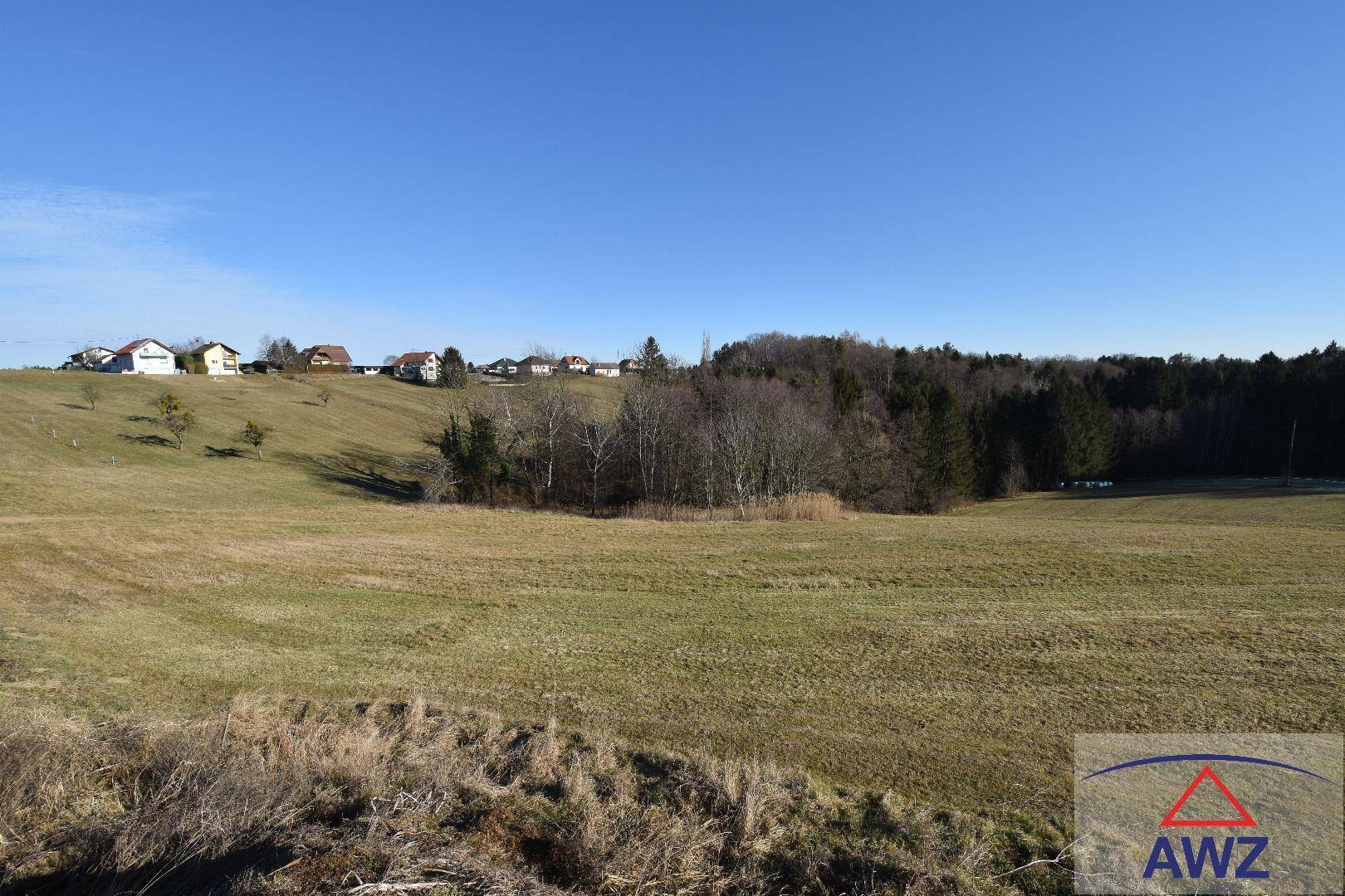 Weitläufige grüne Hügellandschaft mit vereinzelten Häusern am Horizont unter blauem Himmel.