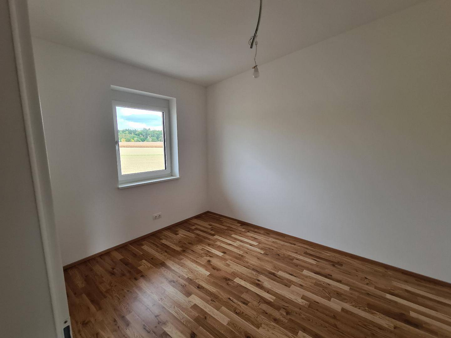 Leeres Zimmer mit Holzboden und einem Fenster, das einen weiten Blick ins Grüne bietet.