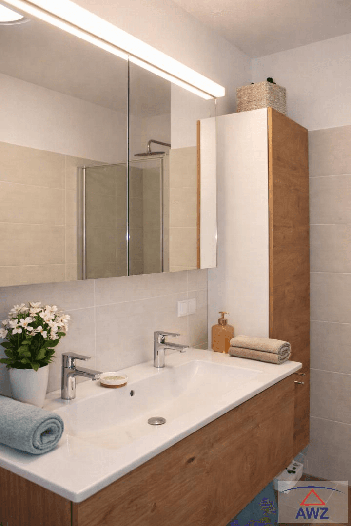Helles Badezimmer mit Doppelwaschbecken, Spiegelschrank und Holzunterschrank.