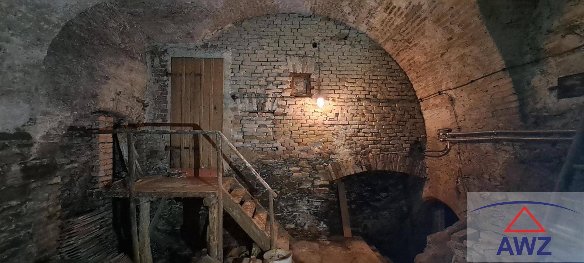 Historischer Gewölbekeller mit Ziegelwänden, Holztür und rustikalen Treppen.
