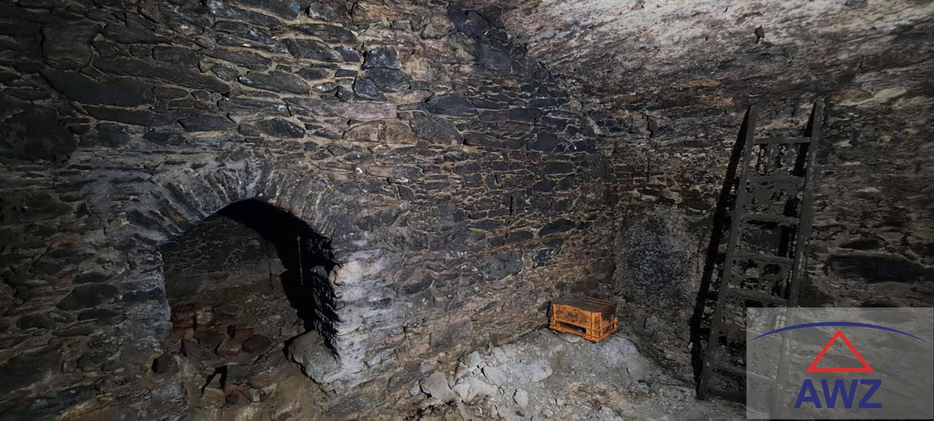 Alter Steinkeller mit gewölbter Öffnung, rauen Steinwänden und Holzleiter.