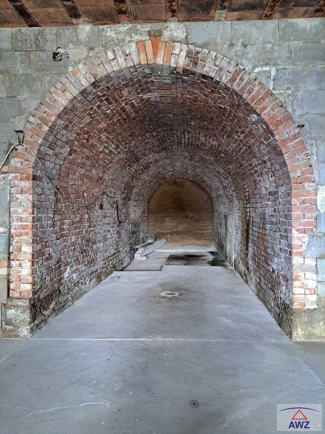 Historischer Kellerraum mit beeindruckenden Ziegelgewölben und robustem Betonboden.