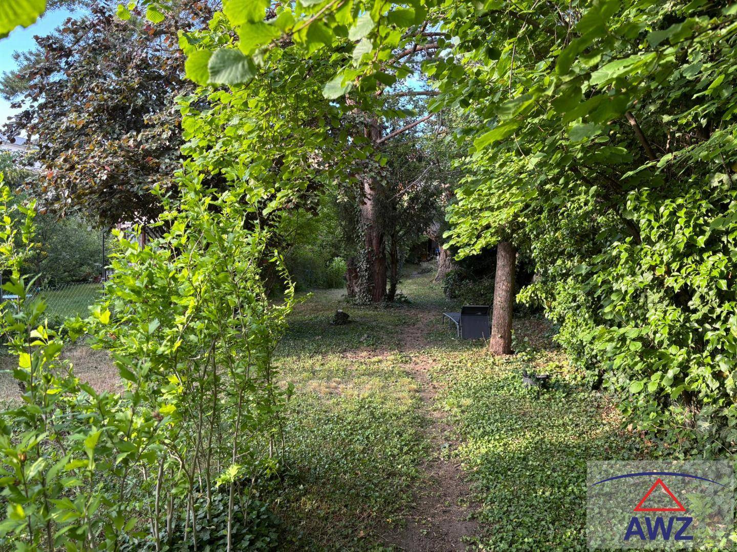 Weitläufiger Gartenbereich mit dichtem Grün, hohen Bäumen und einem kleinen, natürlichen Pfad.