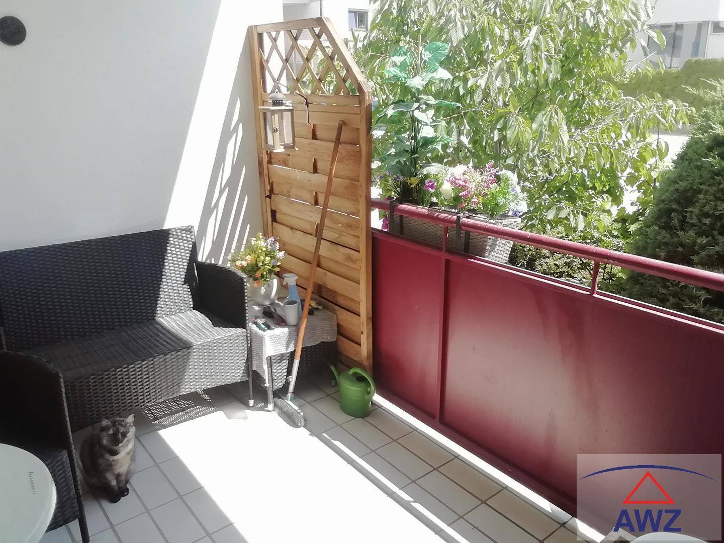 Möblierter Balkon mit Sitzgelegenheiten, Pflanzen und einem Sichtschutz, umgeben von viel Grün.