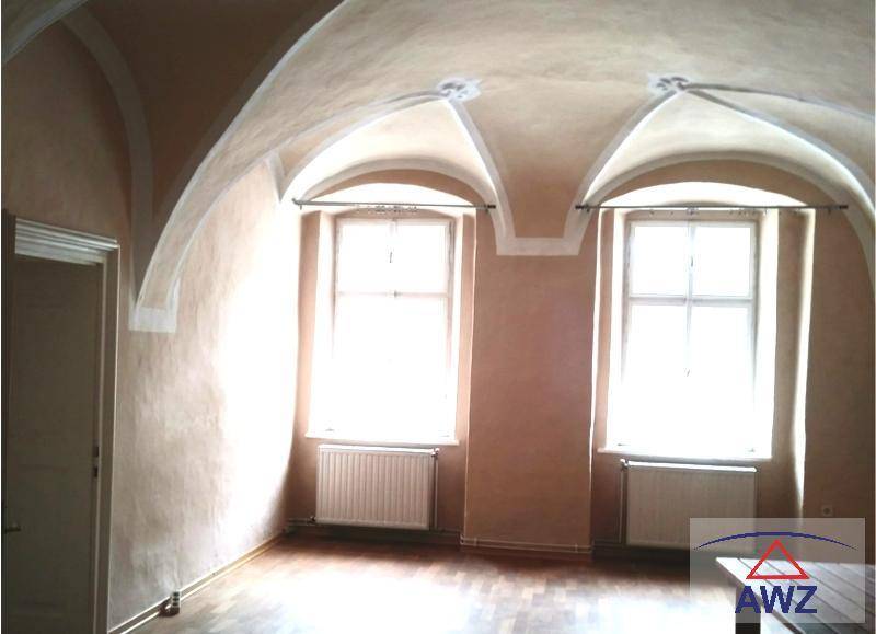 Geräumiges Zimmer mit historischem Gewölbedecke, zwei großen Fenstern und Parkettboden.