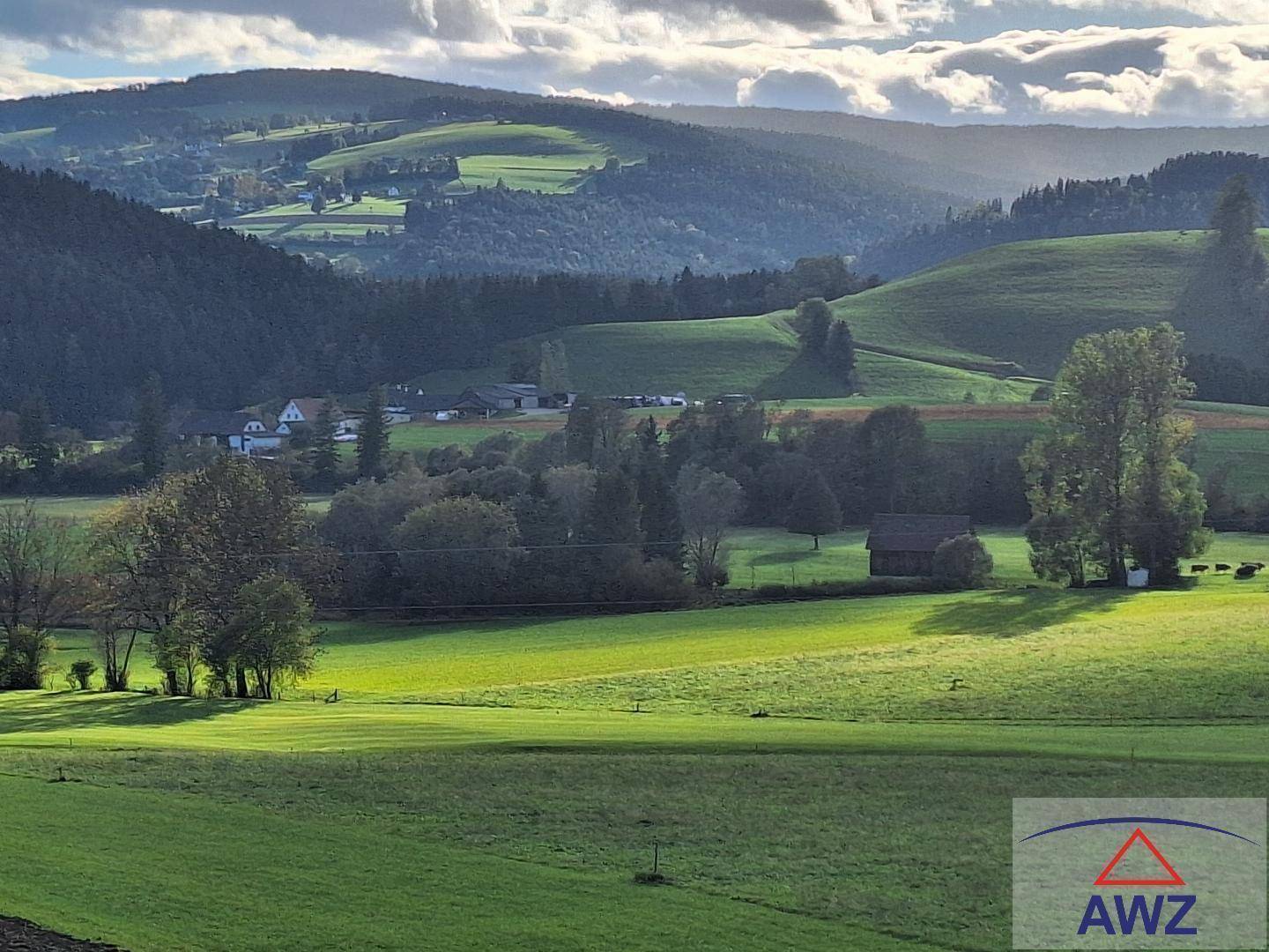 Sonniger Blick auf eine hügelige Landschaft mit grünen Wiesen, Wäldern und vereinzelten Häusern.