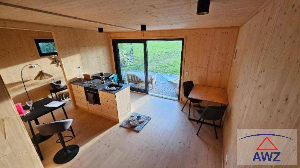 Offener Wohn- und Essbereich mit kleiner Küche, Holzwänden und Zugang zur Terrasse mit Blick ins Grüne.
