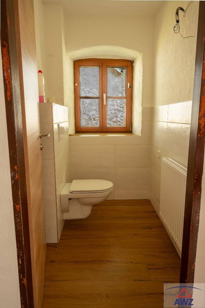 Kleines WC mit Fenster, Wand-WC und Holzoptik-Bodenbelag.