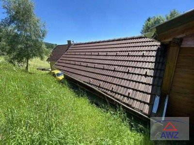 Nahaufnahme des Ziegeldachs des Hauses mit steilem, grasbewachsenem Hang und Bäumen im Hintergrund.