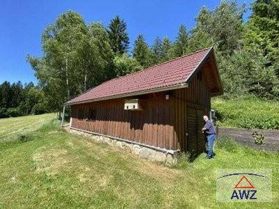 Hölzernes Nebengebäude oder Schuppen in grüner Umgebung mit einer Person am Eingang.