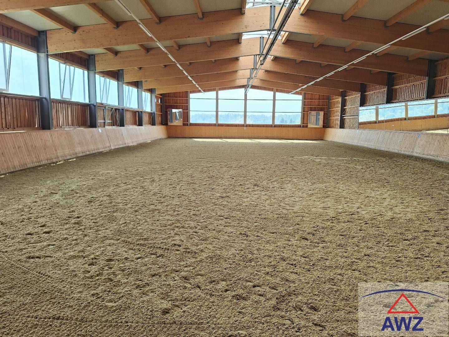 Geräumige Reithalle mit Sandboden, Holzkonstruktion und großen Fenstern für viel Tageslicht.