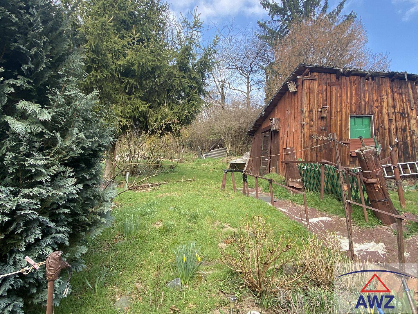 Grüner Gartenbereich mit Nadelbäumen und einem rustikalen Holzschuppen im Hintergrund.