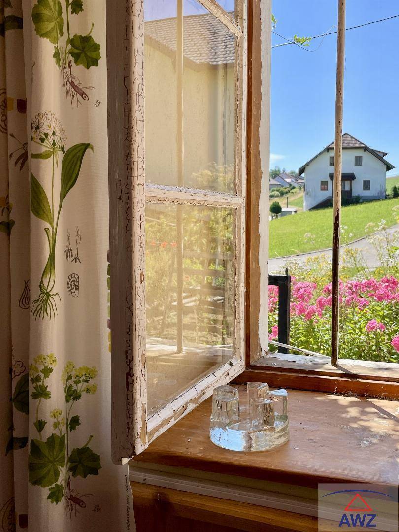 Blick aus einem alten, geöffneten Fenster mit abblätternder Farbe auf ein Haus und blühende Blumen.
