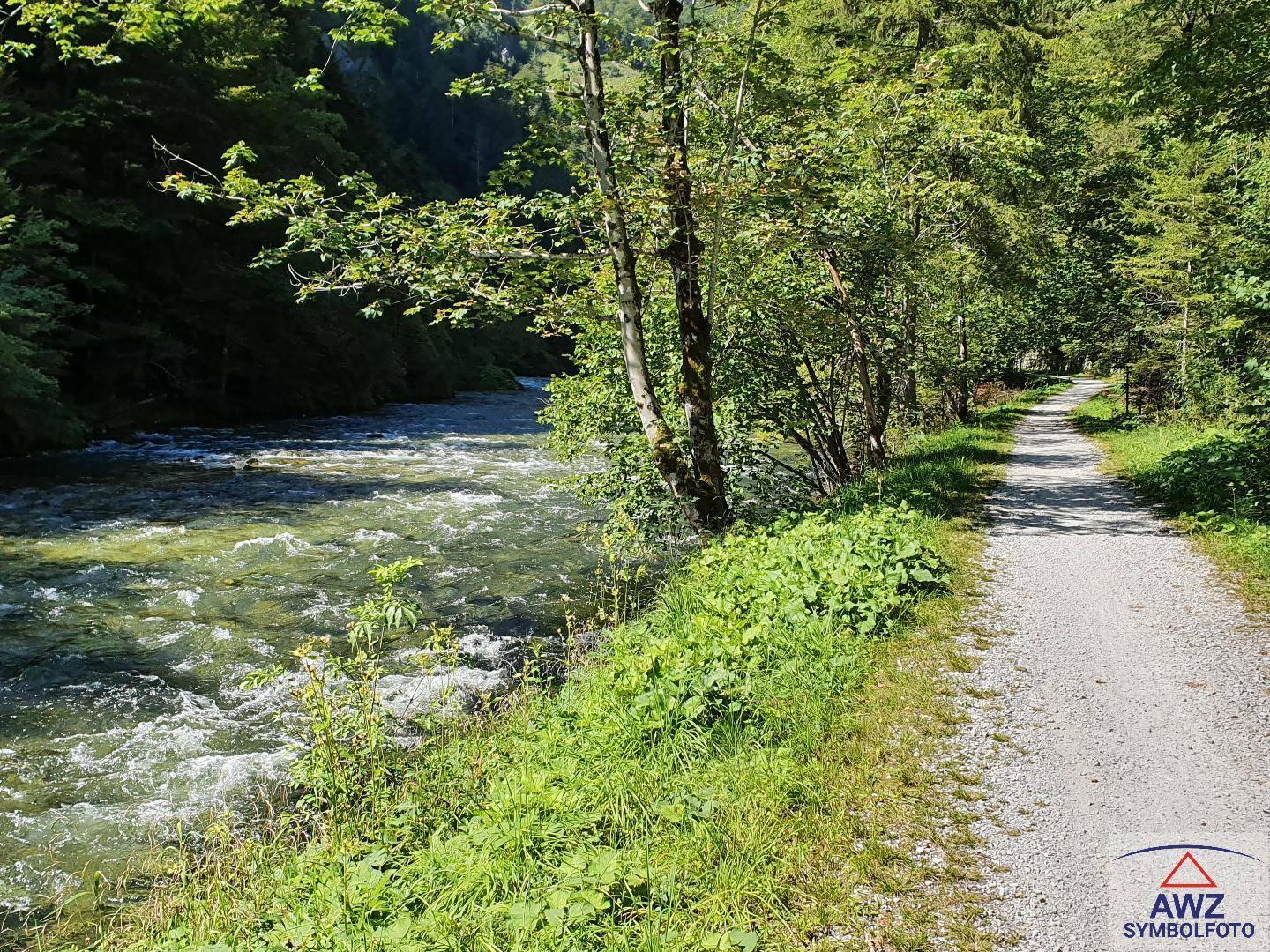 Idyllischer Spazierweg entlang eines rauschenden Flusses, umgeben von dichtem Grün und hohen Bäumen an einem sonnigen Tag.