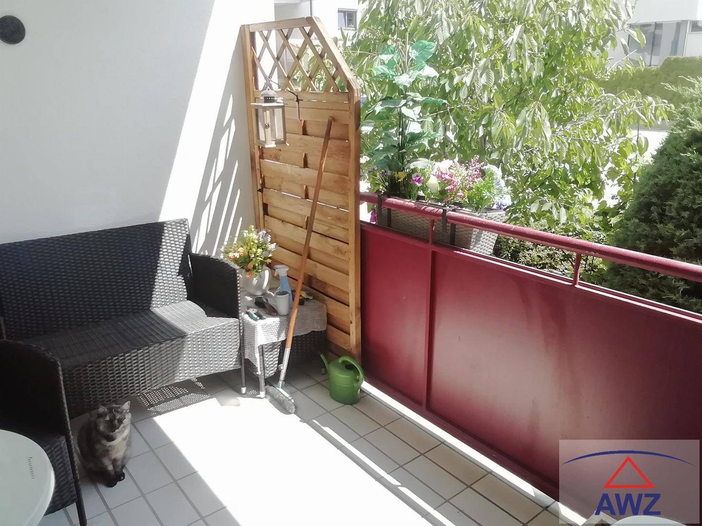Sonniger Balkon mit Outdoor-Sitzgelegenheiten, Pflanzen und Sichtschutz aus Holz.