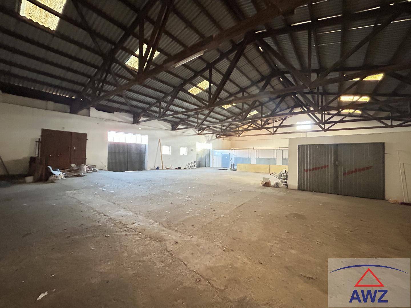 Große leere Halle mit Holzdachkonstruktion und Oberlichtern, ideal für Lager oder Werkstatt.