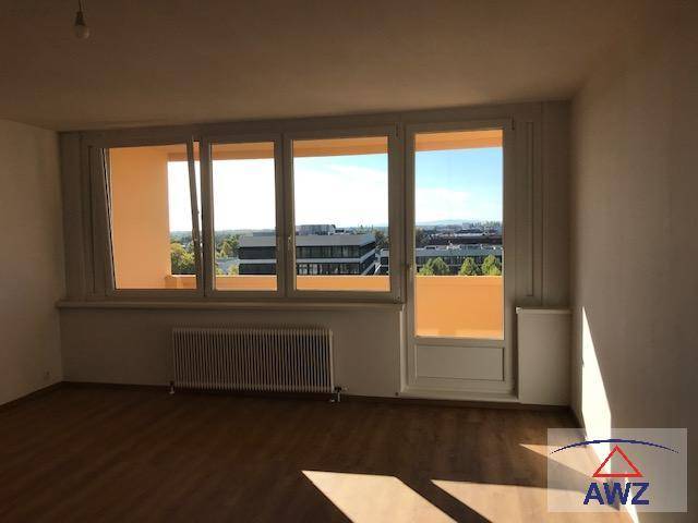 Heller, unmöblierter Raum mit großem Fenster und Zugang zu einem Balkon, bietet Weitblick.