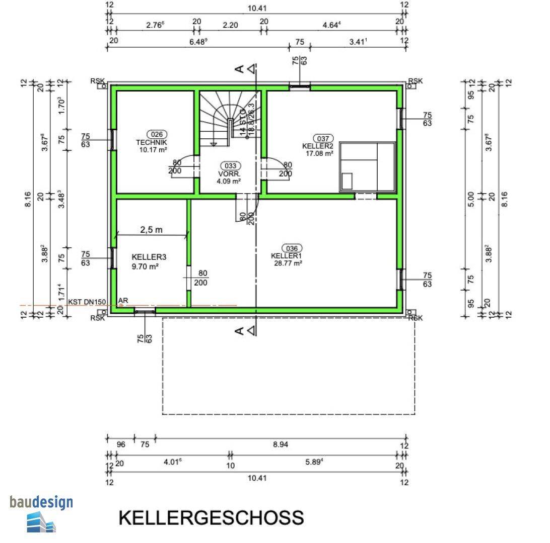Grundriss des Kellergeschosses mit Technikraum und mehreren Kellerräumen.