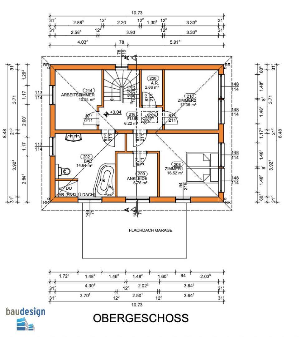 Grundriss des Obergeschosses mit Schlafzimmern, Arbeitszimmer und Badezimmer.