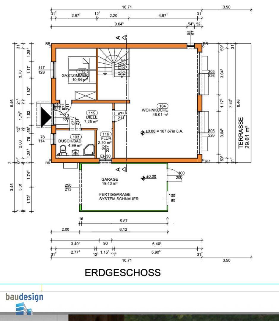 Grundriss des Erdgeschosses mit Wohnküche, Gästezimmer und Terrasse.