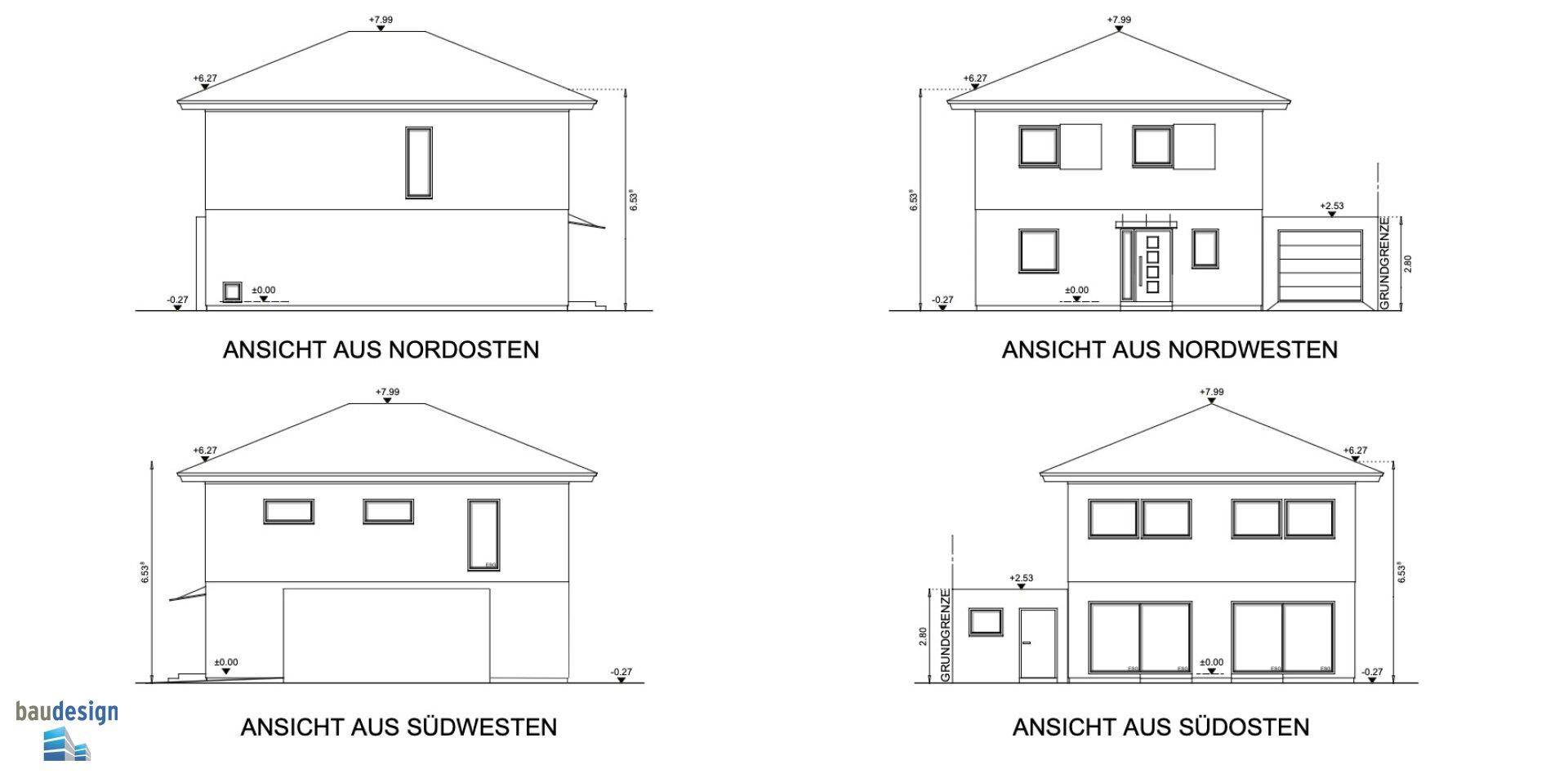 Ansichten des Hauses aus verschiedenen Himmelsrichtungen mit moderner Architektur.