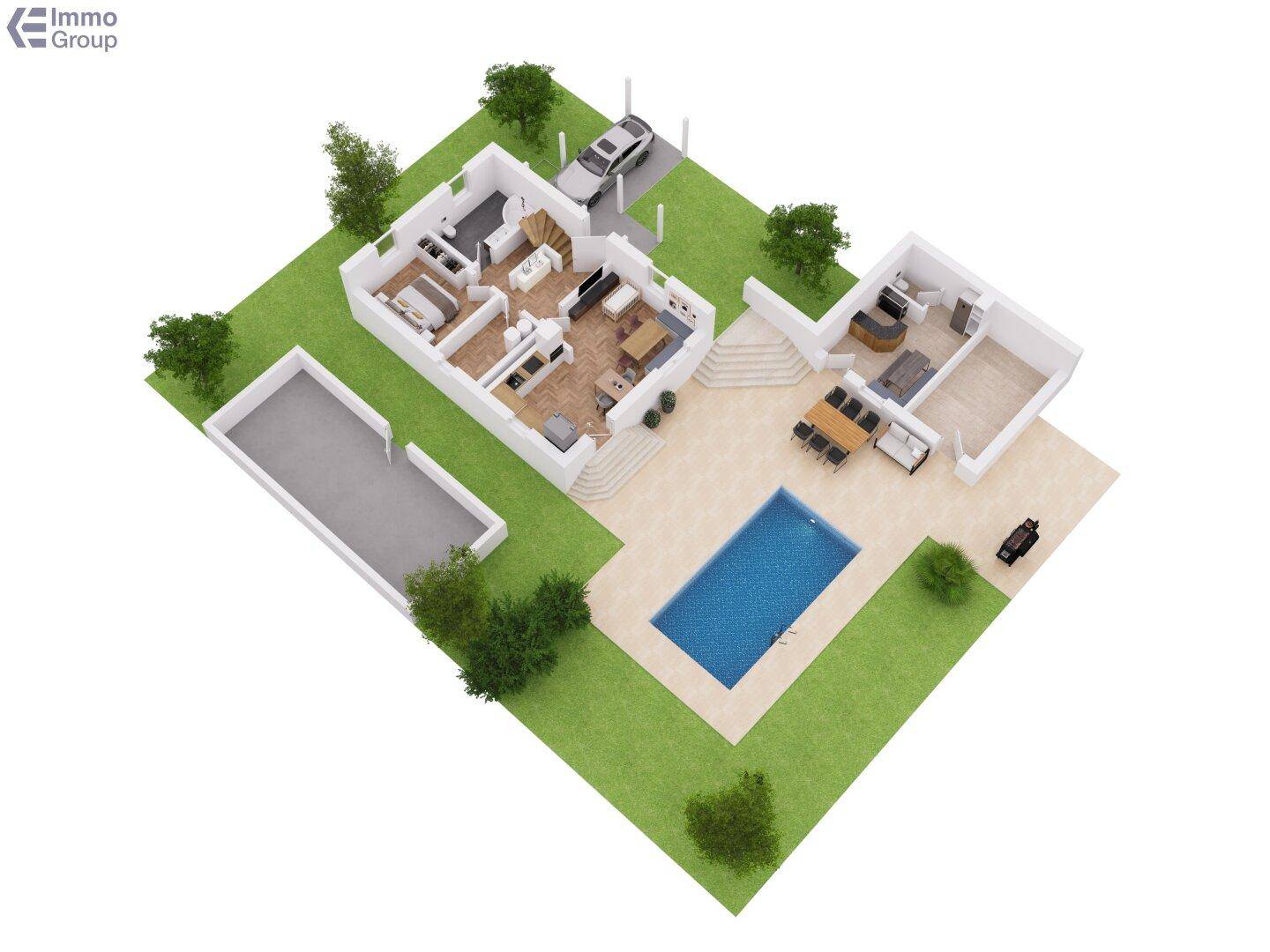 3D-Grundriss des Erdgeschosses mit offenem Wohnbereich, Pool und Garage.