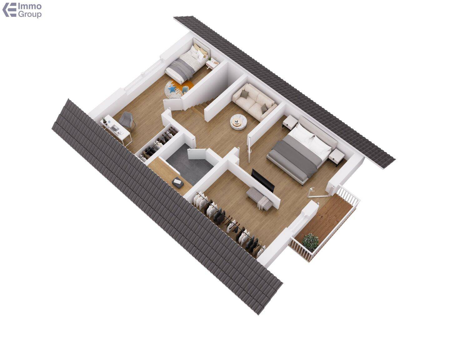 3D-Grundriss des Obergeschosses mit Schlafzimmern, Ankleide und Balkonzugang.