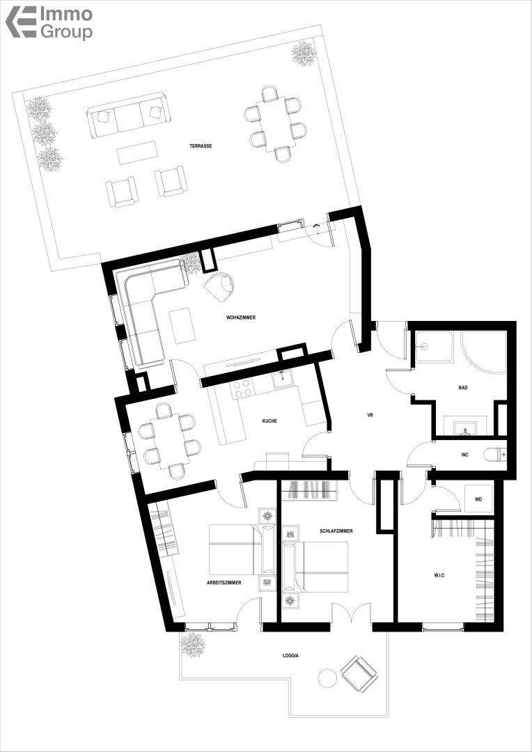 Schwarz-weißer Grundrissplan mit Raumaufteilung und Außenbereichen wie Terrasse und Loggia, übersichtlich dargestellt.