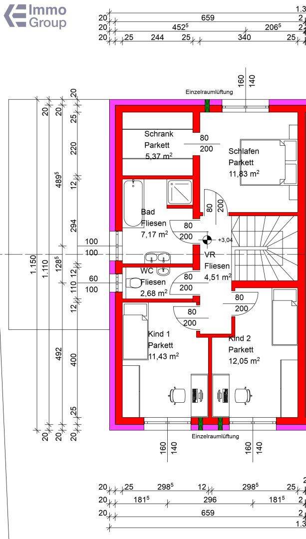 Grundriss des Obergeschosses mit zwei Schlafzimmern, einem Badezimmer und separatem WC.