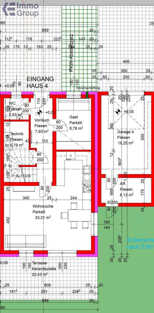 Grundriss des Erdgeschosses mit Wohnküche, Terrasse und Garage für Haus 4.