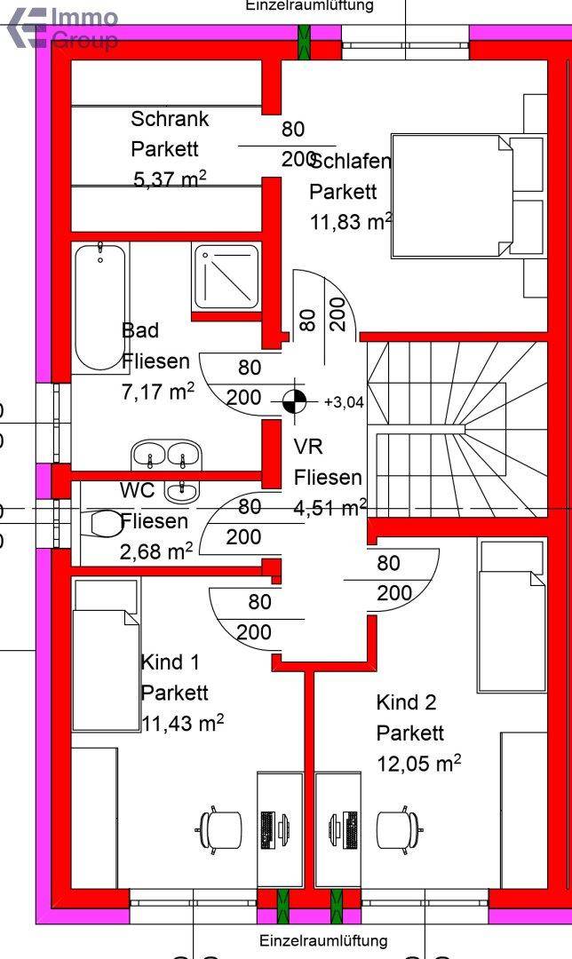 Grundriss des Obergeschosses von Haus 5 mit drei Schlafzimmern und Badezimmer.