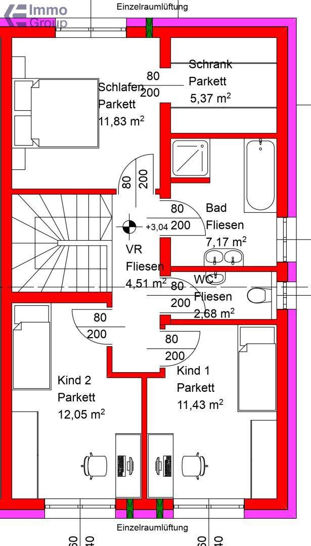 Detaillierter Grundriss des Obergeschosses mit drei Schlafzimmern, Badezimmer und separatem WC.