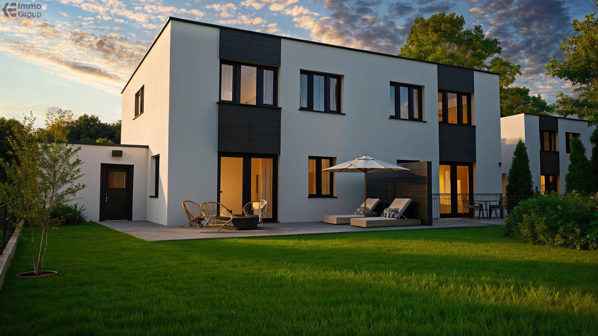 Hinteransicht eines modernen Hauses mit gepflegtem Rasen, Terrasse und gemütlichem Sitzbereich im Freien.