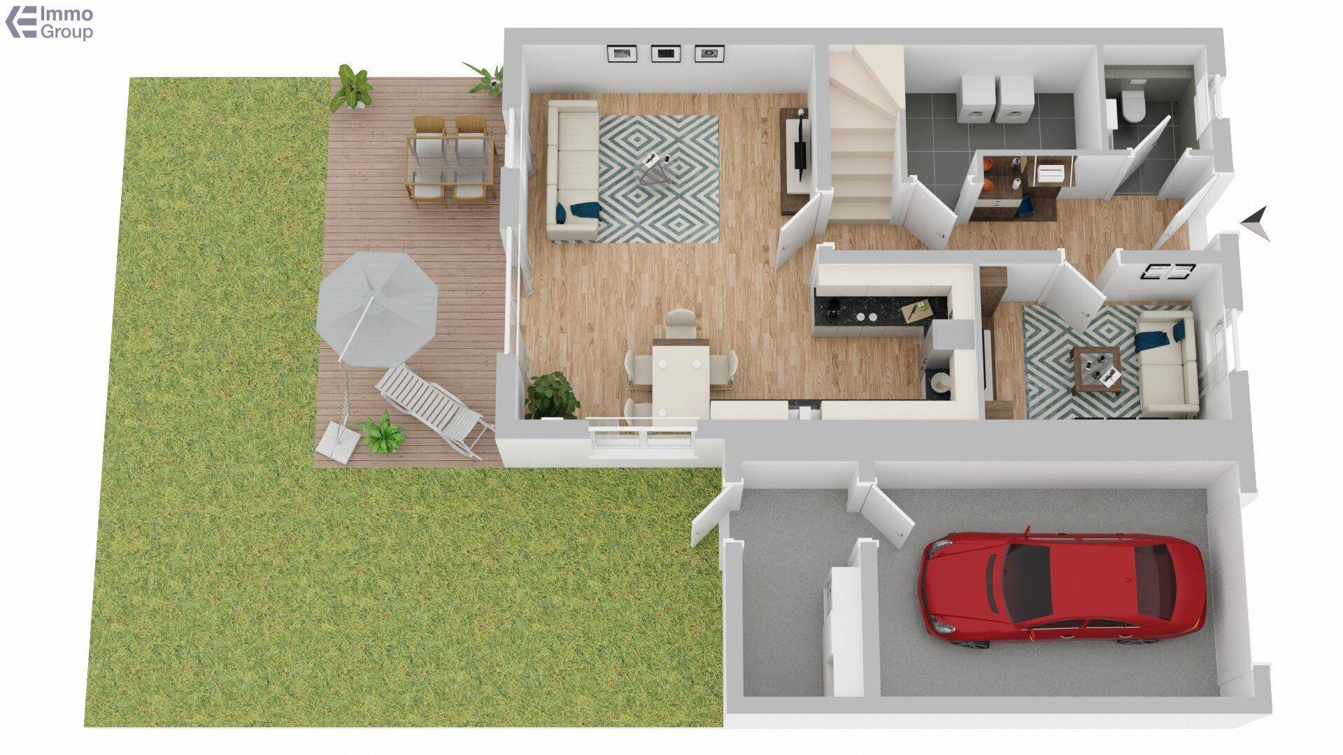 3D-Grundriss des Erdgeschosses mit offenem Wohnbereich, Küche, Garage und Zugang zur Terrasse.