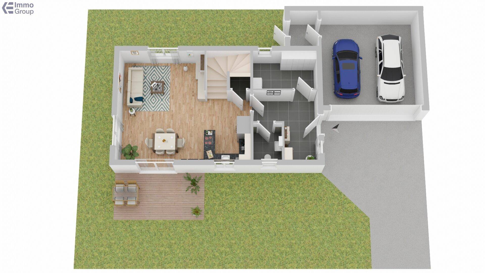 Dreidimensionaler Grundriss des Erdgeschosses mit offenem Wohnbereich, Küche und Zugang zur Terrasse.