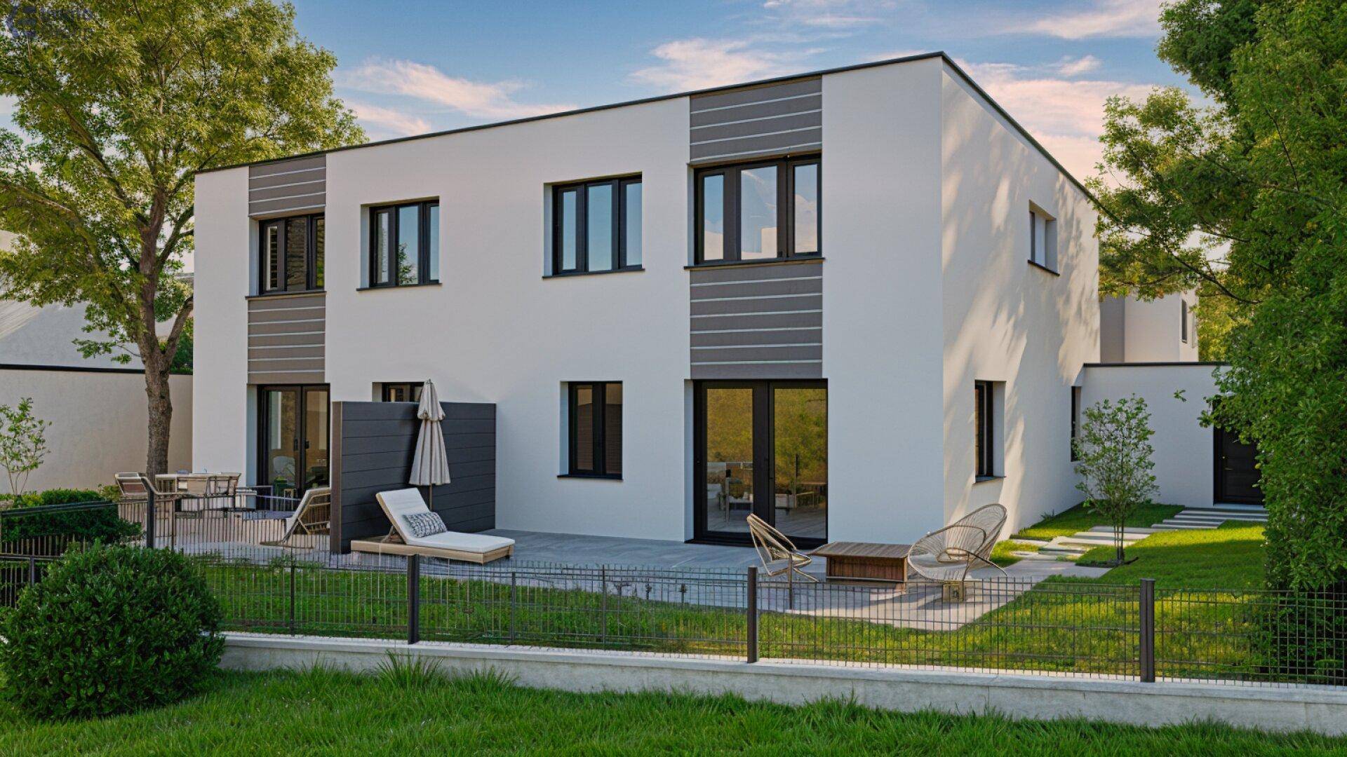 Moderne Hausfassade mit großer Terrasse, Gartenbereich und gemütlichen Sitzgelegenheiten im Freien.
