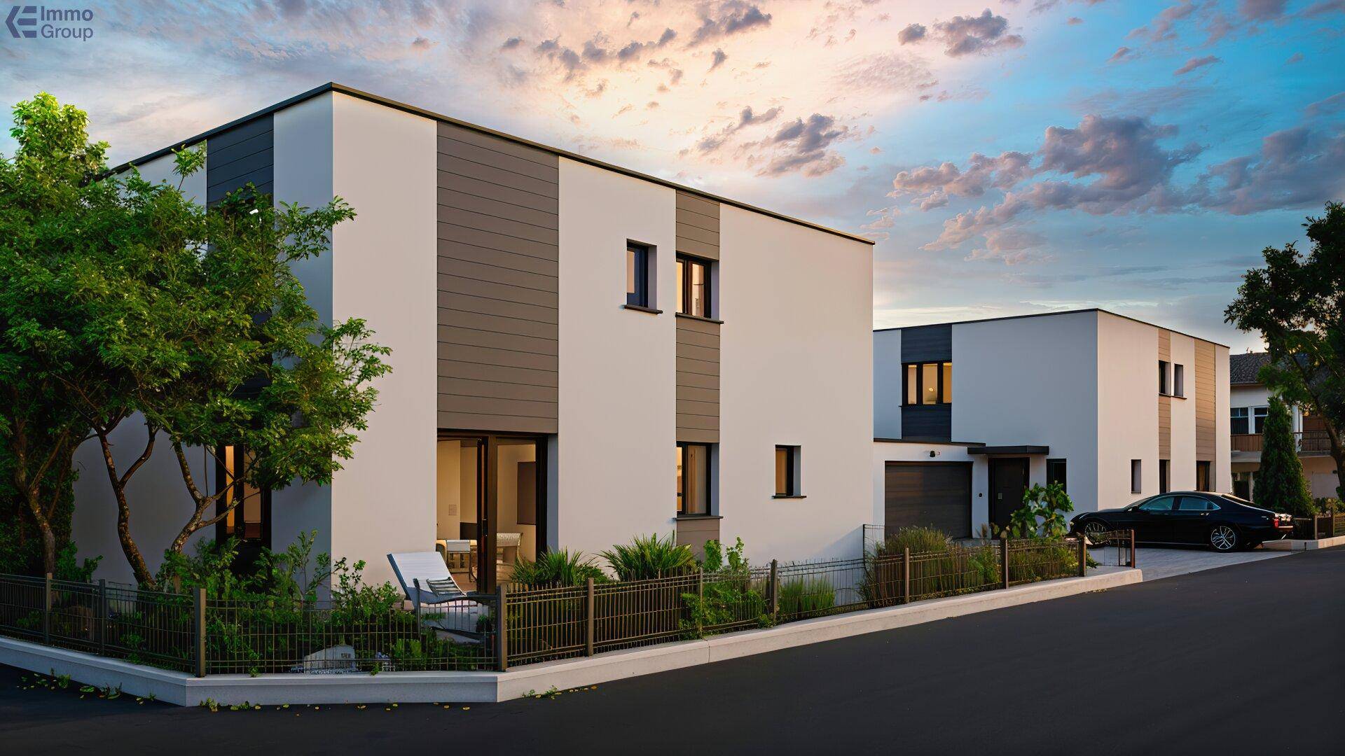 Moderne Architektur eines Neubaus mit klaren Linien, großen Fenstern und gepflegter Außenanlage.