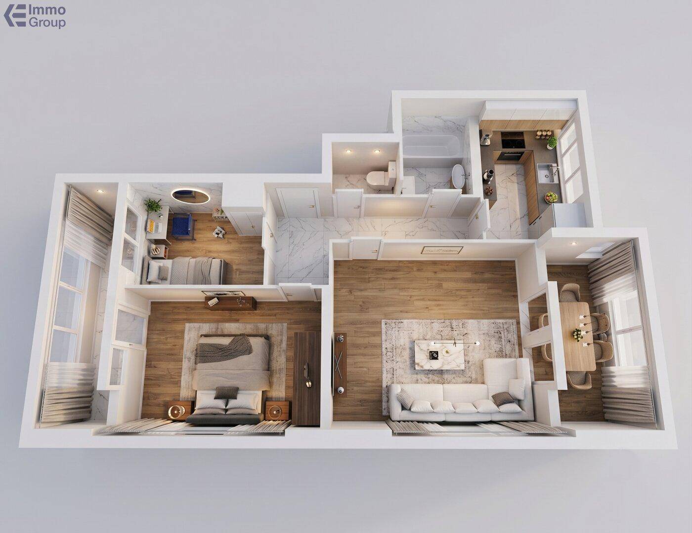 Moderner 3D-Grundriss einer Wohnung mit offenem Wohnbereich und zwei Schlafzimmern.