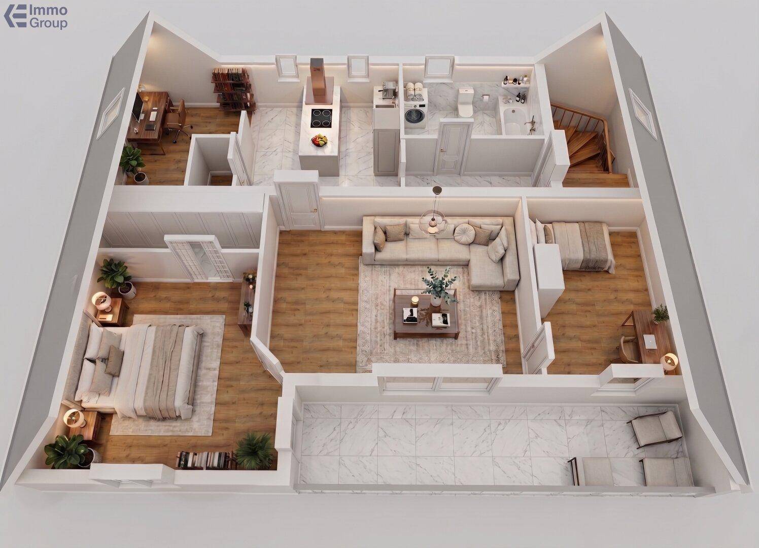 3D-Grundrissvisualisierung einer Wohnung mit offenem Wohnbereich und mehreren Zimmern.