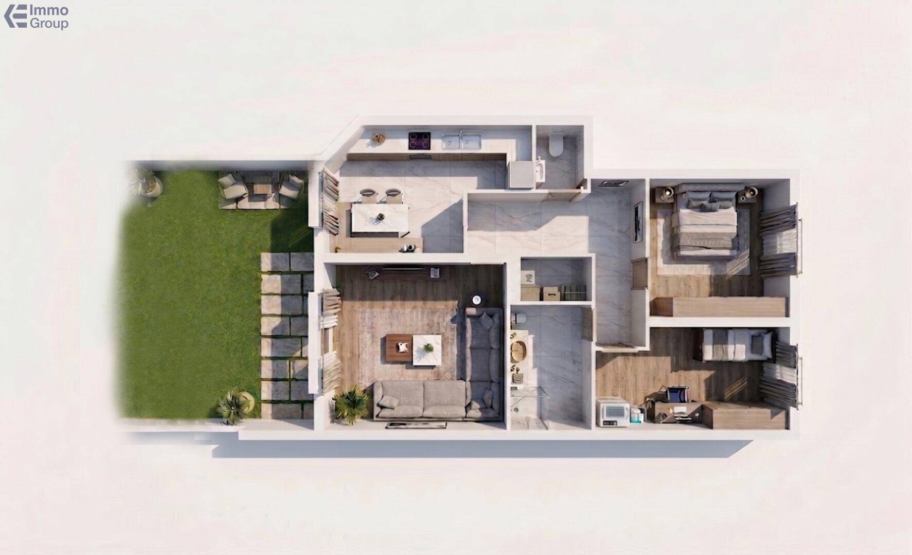 3D-Grundriss einer Wohnung mit offenem Wohnbereich, zwei Schlafzimmern und Garten.