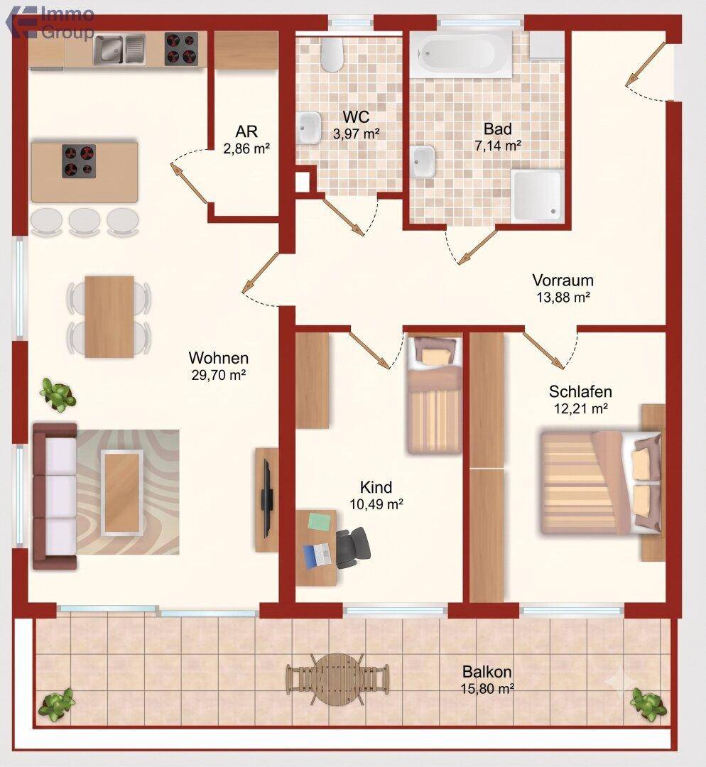 Detaillierter Grundriss einer Wohnung mit Küche, Bad, WC, drei Zimmern und Balkon.